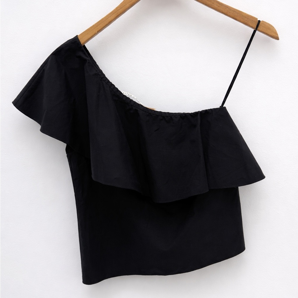 Alice + Olivia Black One Shoulder Ruffle Top | Chic Asymmetrical Blouse - Picture 4 of 7
